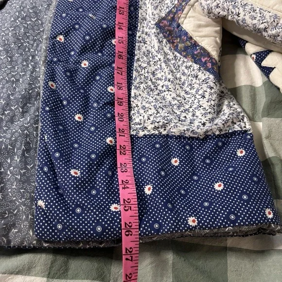 Handmade Quilt Coat Upcycled Patchwork Open Front Blue Shacket Jacket Floral - Picture 6 of 7
